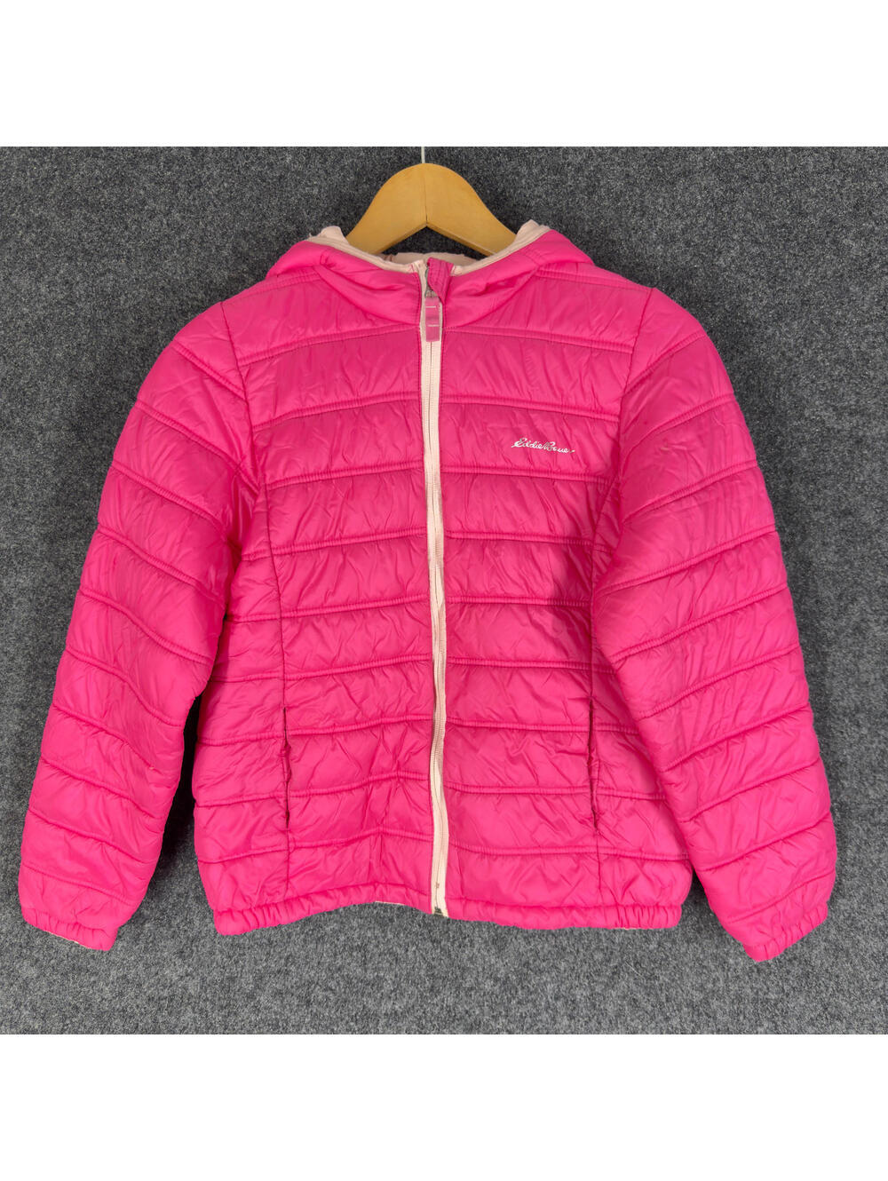 Eddie Bauer Quilted Jacket Women XL Pink Full Zip Hooded Long Sleeve Lined